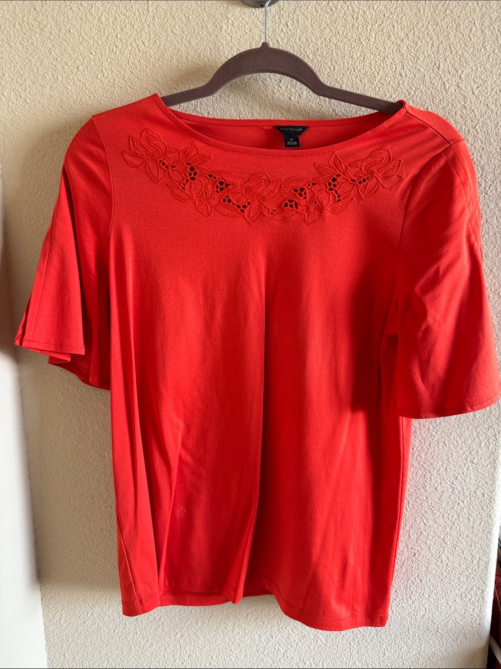Ann Taylor Red Short Sleeve Top with Embroidered Neckline